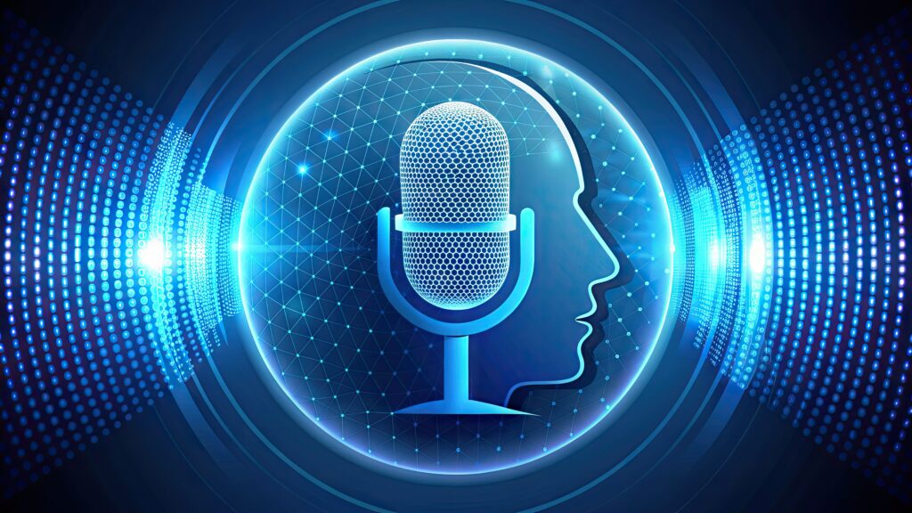 A stylized blue microphone icon with sound waves and a nodding face, symbolizing voice recognition technology and AI-powered speech-to-text functionality.